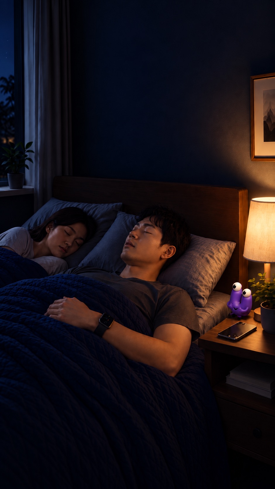 夜、Apple Watchを着けたまま眠るカップルの寝室。ナイトテーブルにはiPhoneとSTOP GÜGUのキャラクターが置かれている