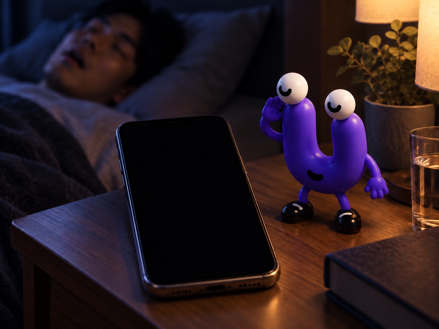 枕元に置かれたiPhoneが眠っているあいだの音をチェックしている